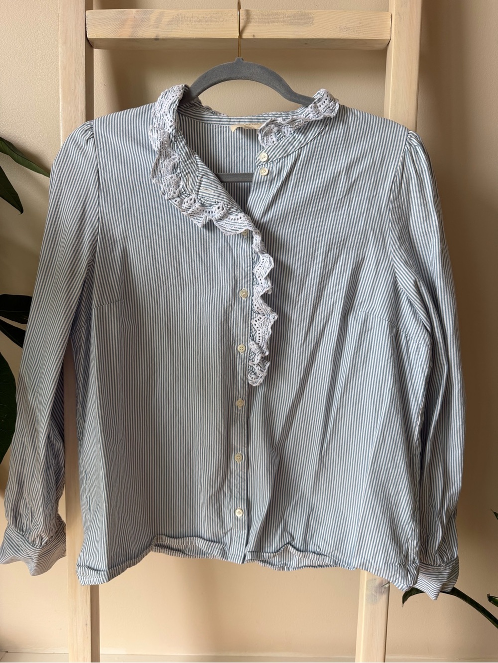 Sezane Blue and White Pinstripe Lace-Trim Button Blouse